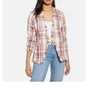 Halogen women new open front plaid tweed jacket LARGE  Ivory Coral career CASUAL
